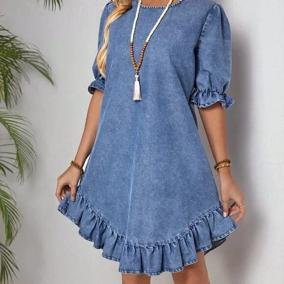 Blue Casual Women's Round Neck Short Puff Sleeve Denim Dress With Ruffled Hem - Picture 5 of 5